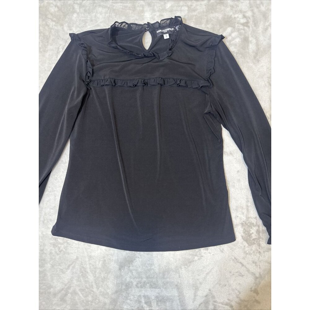 Women’s Karl Lagerfeld Blouse Ruffled Lined Black Size Small - Picture 4 of 12